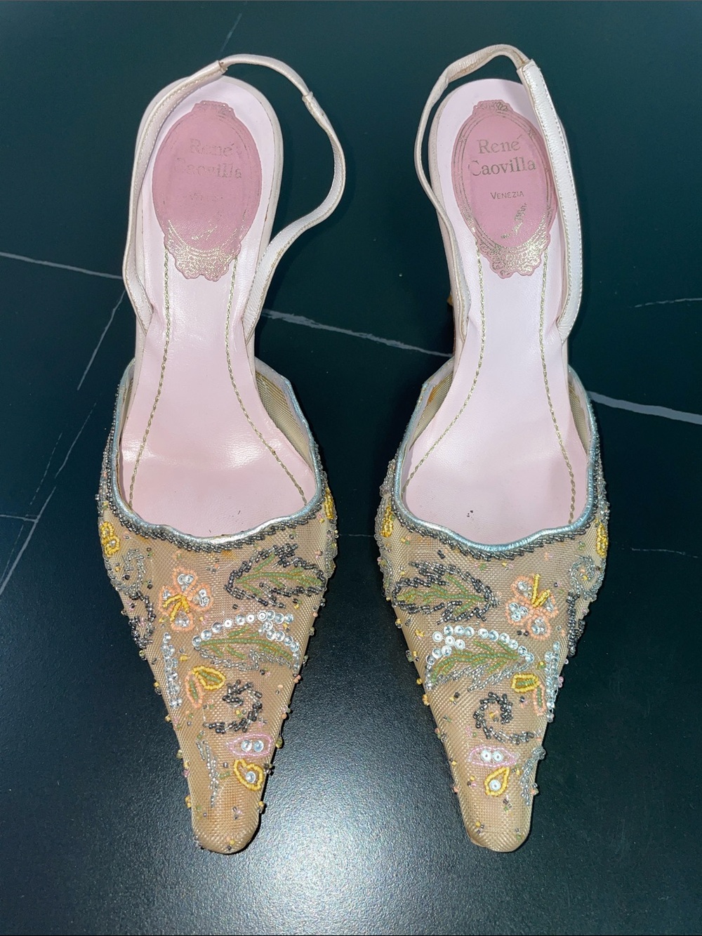 RENE’ CAOVILLA BEADED MESH SLINGBACK HEELS FTL-08-199